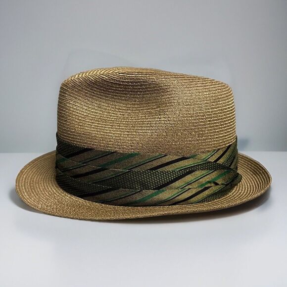 Dobbs Straw Fedora 7 1/8 Wide Green Hat Band Trilby Summer 60s Gentlemen Panama - Picture 7 of 12